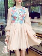 Romwe Pink Round Neck Long Sleeve Crochet Dress