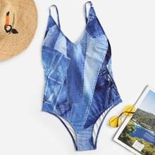 Romwe Random Denim Print Backless One Piece Swimwear