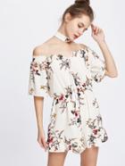 Romwe Off The Shoulder Lace Up Floral Romper With Choker