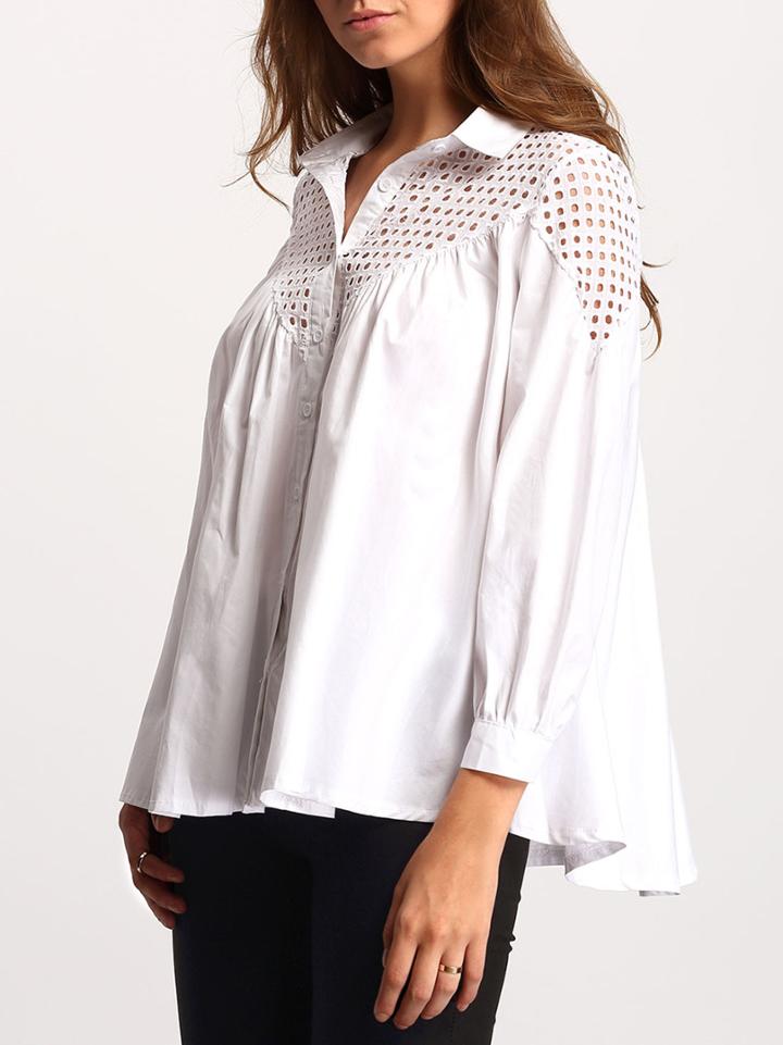 Romwe White Lapel Hollow Loose Blouse