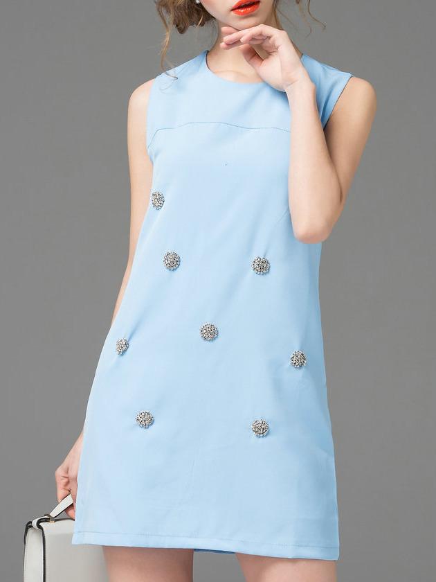 Romwe Blue Crew Neck Beading Shift Dress