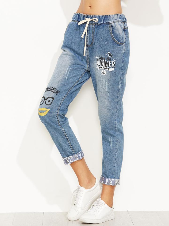 Romwe Blue Letter Print Drawstring Waist Cuffed Jeans