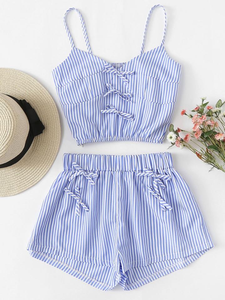 Romwe Contrast Stripe Crop Cami Top With Shorts