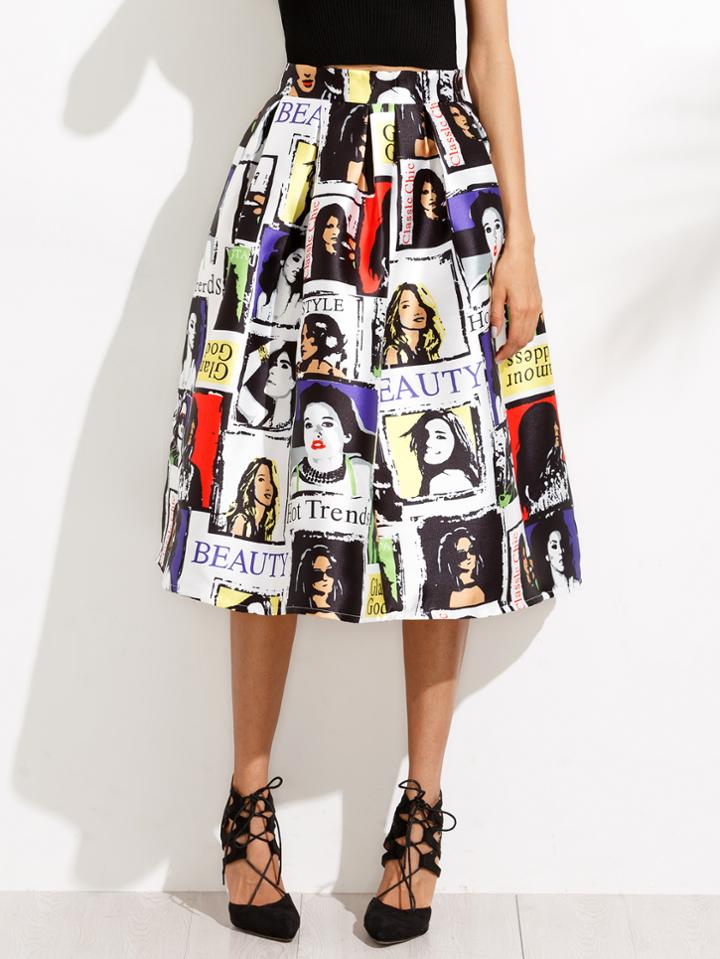 Romwe Random Graphic Print Flare Skirt
