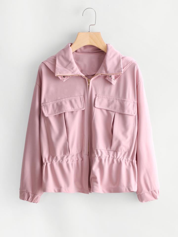 Romwe Dual Pocket Drawstring Waist Zip Up Jacket