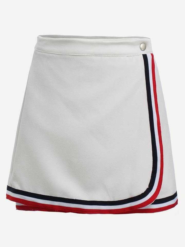 Romwe Striped Trim A-line Wrap Skirt - White