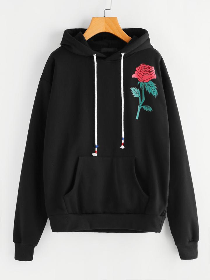 Romwe Rose Print Kangaroo Pocket Hoodie