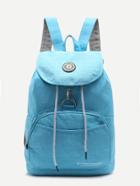 Romwe Blue Front Pocket Drawstring Nylon Backpack