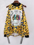 Romwe Letter Print Leopard Hollow Sweatshirt