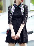 Romwe Black Lapel Long Sleeve Embroidered Lace Dress