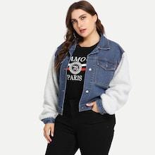 Romwe Plus Shearling Contrast Sleeve Denim Jacket