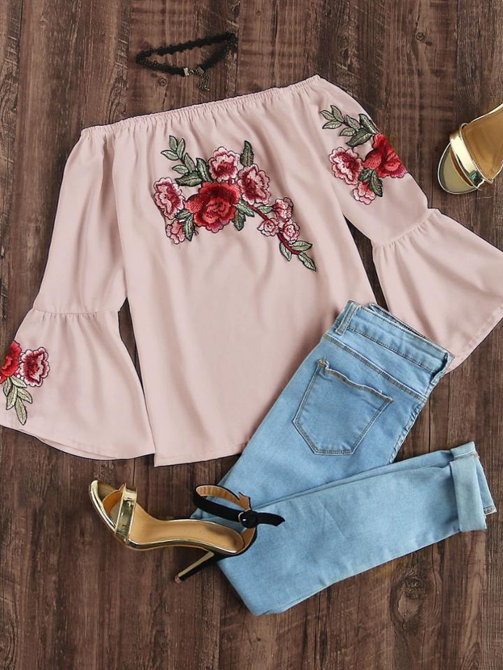 Romwe Bardot Bell Sleeve Embroidered Appliques Top