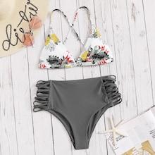 Romwe Random Leaf Criss Cross Top With Ladder Cut-out Bikini