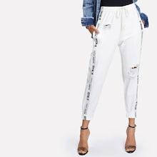 Romwe Ribbon Letter Ripped Drawstring Jeans