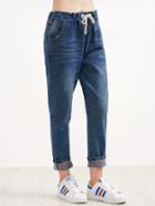 Romwe Blue Rolled Hem Drawstring Jeans With Print Lining Detail