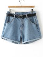 Romwe Blue Pockets Zipper Roll Cuff Denim Shorts With Belt