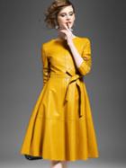 Romwe Yellow Round Neck Long Sleeve Tie-waist Leather Dress