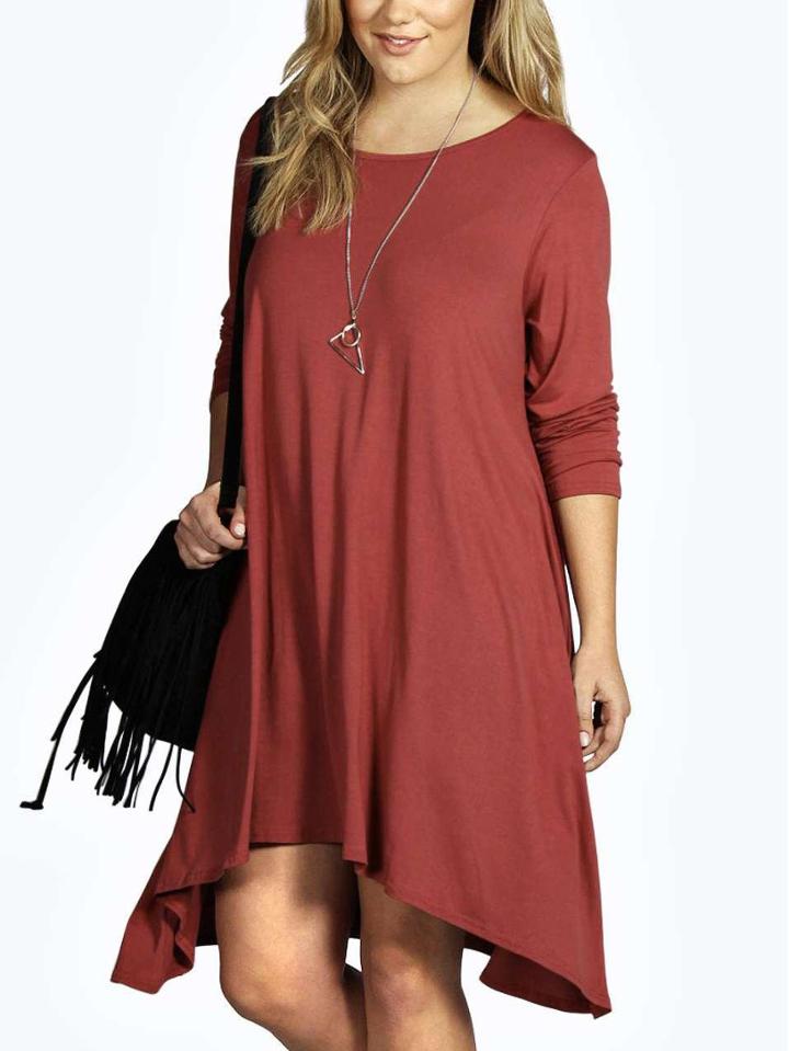 Romwe Round Neck Asymmetrical Brown Tshirt Dress