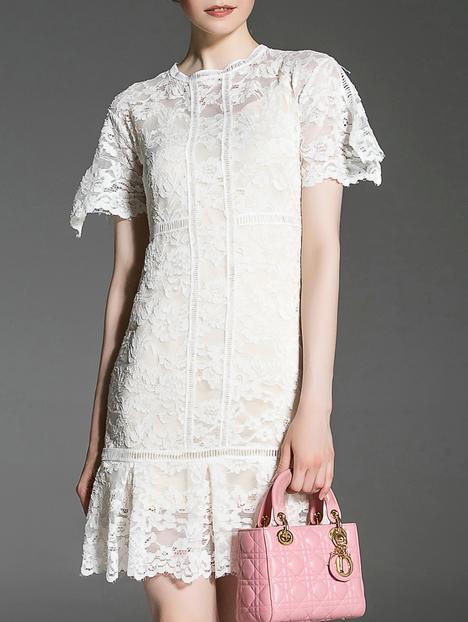 Romwe White Crew Neck Shift Lace Dress