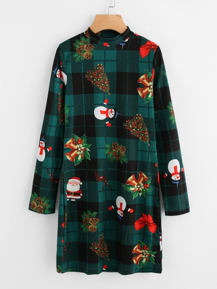 Romwe Mock Neck Christmas Print Dress