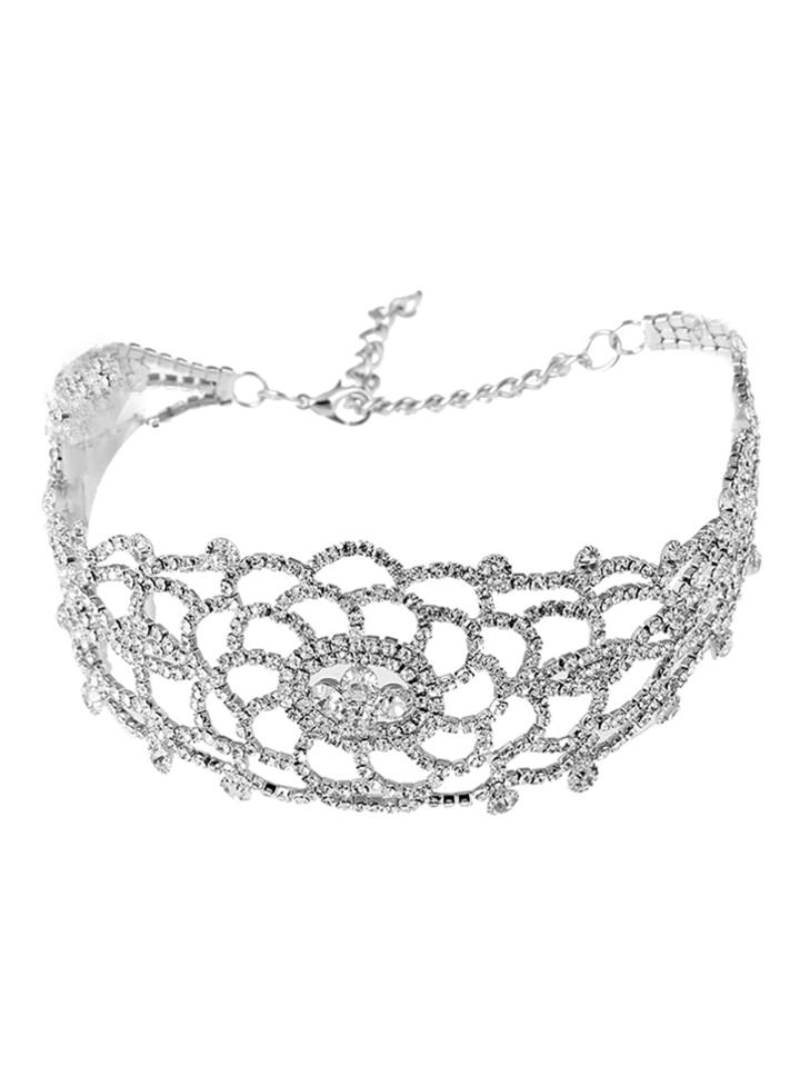 Romwe Flower Rhinestone Statement Choker