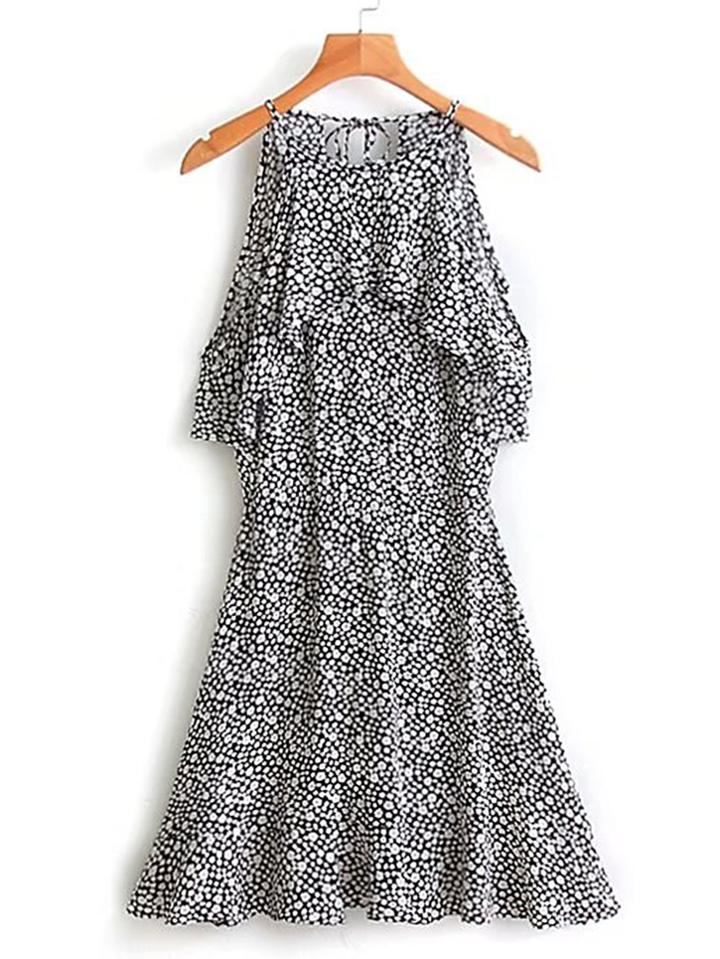 Romwe Calico Print Tie Back Ruffle A Line Dress