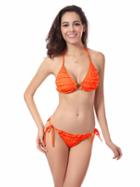 Romwe Ring Accent Ruffle Bikini Set - Orange
