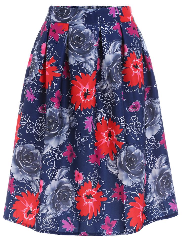 Romwe Elastic Waist Florals Blue Skirt With Zipper