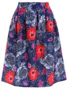 Romwe Elastic Waist Florals Blue Skirt With Zipper