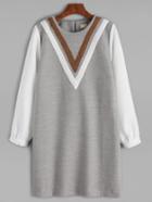 Romwe Contrast Sleeve Chevron Zipper Back Tunic Dress