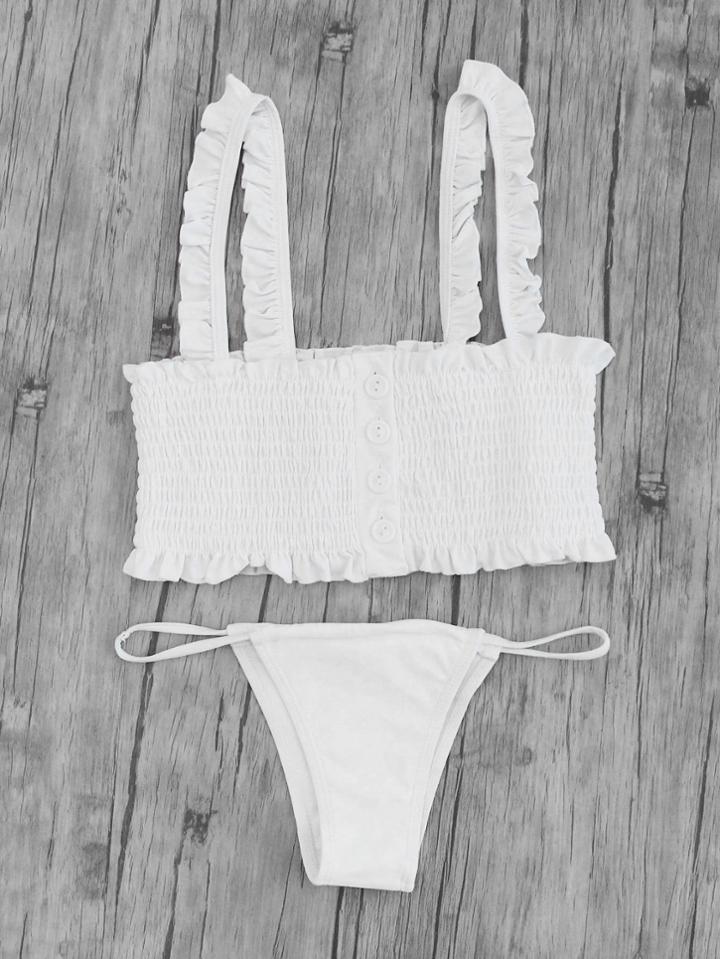 Romwe Frill Strap Button Up Shirred Bikini Set