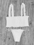 Romwe Frill Strap Button Up Shirred Bikini Set