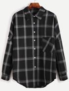 Romwe Black Plaid Drop Shoulder High Low Pocket Shirt