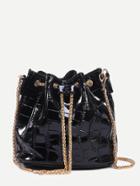 Romwe Black Crocodile Embossed Faux Patent Leather Chain Bucket Bag