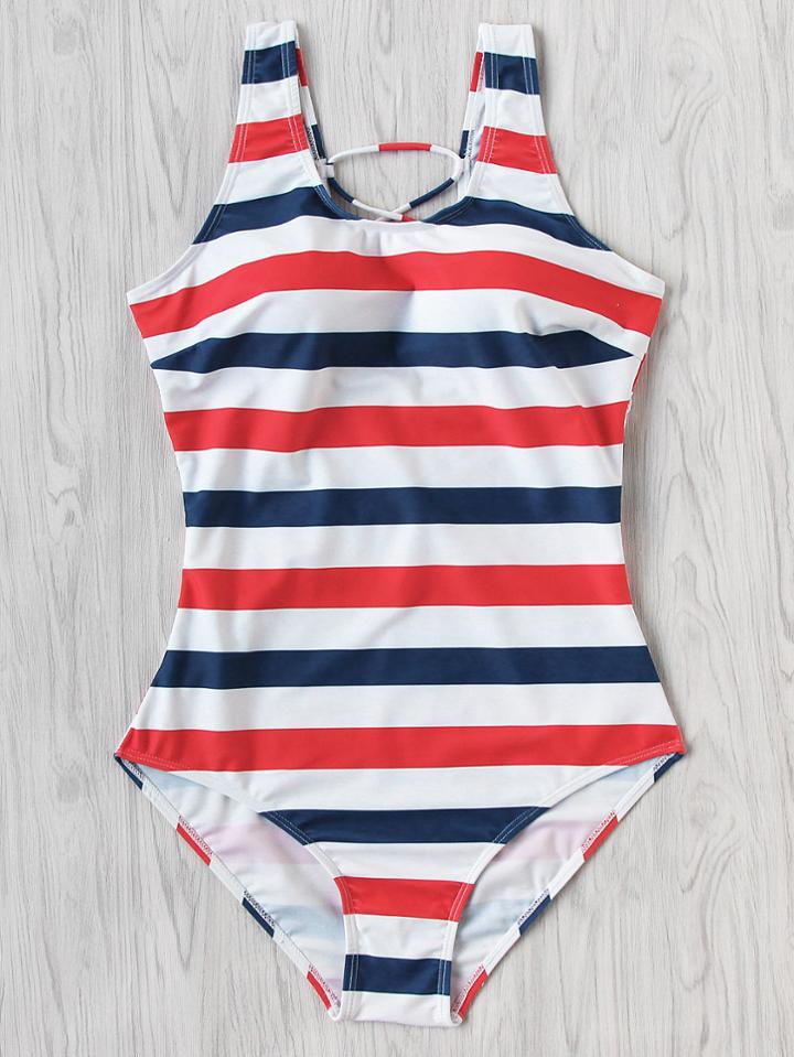 Romwe Block Stripe Criss Cross Back Swimsuit