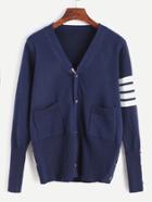 Romwe Navy Striped V Neck Pockets Sweater Coat