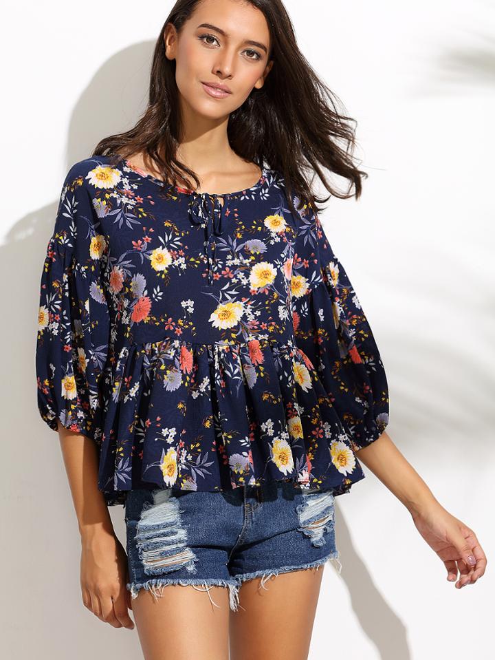 Romwe Lantern Sleeve Florals Ruffle Hem Blouse