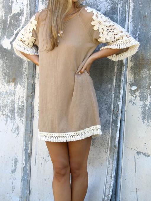 Romwe Light Coffee Lace Sleeve Tassel Dress