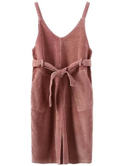 Romwe Split Corduroy Suspender Pink Dress With Pockets
