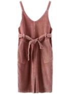 Romwe Split Corduroy Suspender Pink Dress With Pockets