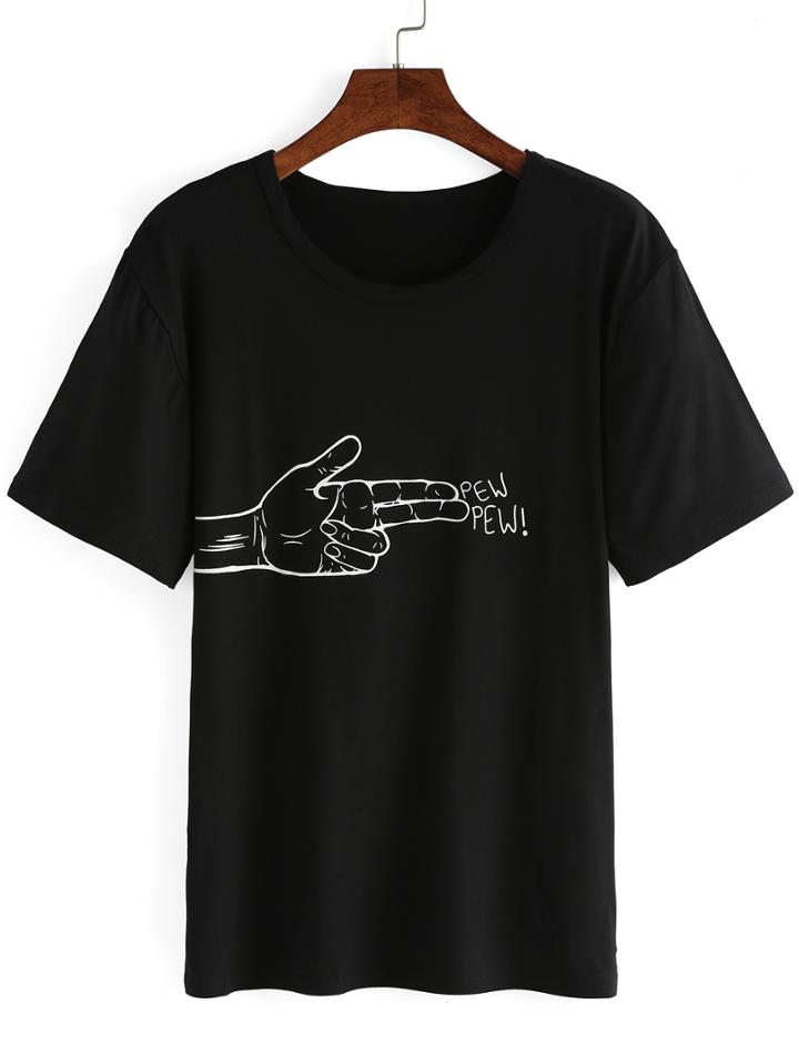 Romwe Black Finger Gun Print T-shirt