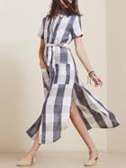 Romwe Lapel Vertical Striped Split Shirt Dress With Pockets