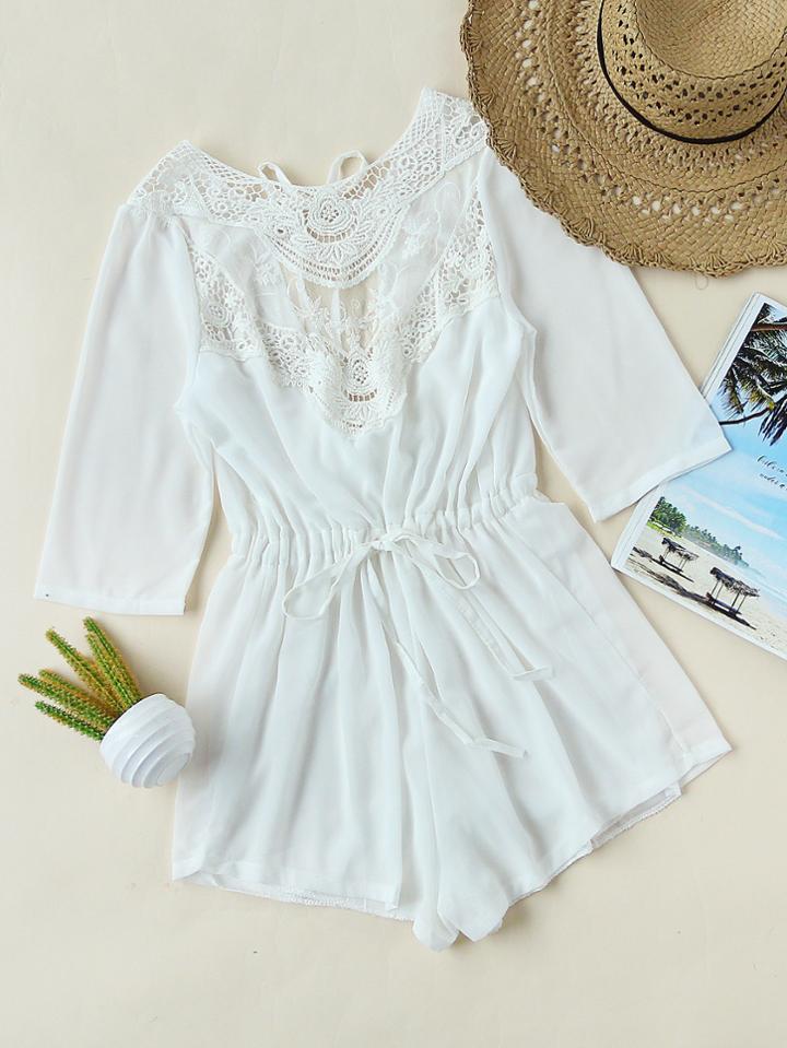 Romwe Lace Panel Chiffon Drawstring Open Back Self Tie Romper