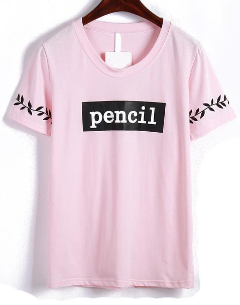 Romwe Pencil Leaves Print Pink T-shirt