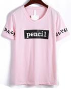 Romwe Pencil Leaves Print Pink T-shirt