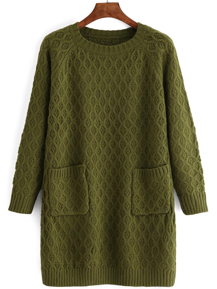 Romwe Raglan Sleeve Diamondback Sweater Dress With Pockets