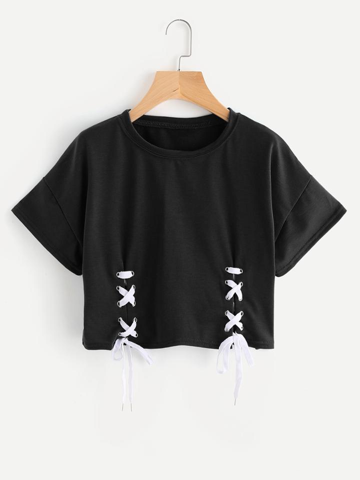 Romwe Eyelet Lace Up Side Tee