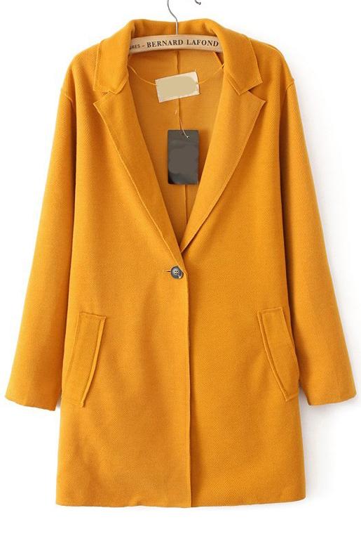Romwe Lapel Pockets Woolen Yellow Coat