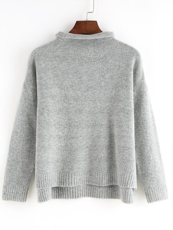 Romwe Roll Neck Dip Hem Split Grey Sweater