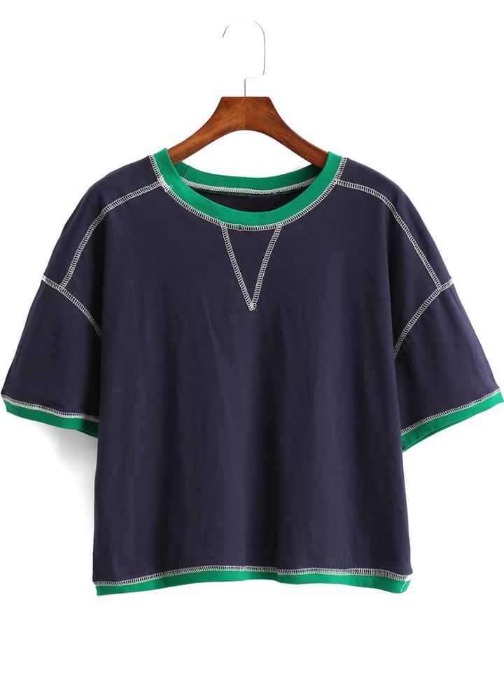Romwe Blue Short Sleeve Contrast Trims Crop T-shirt